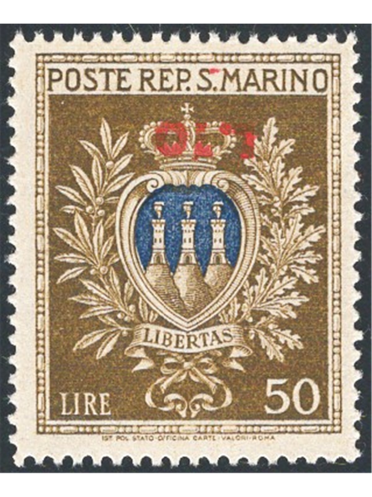 San Marino 1946 Coat of Arms 50 £ olive and ultramarine with inverted overprint “£. 10” no. 297a certified by Apicella Cat. € 65
