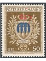 San Marino 1946 Coat of Arms 50 £ olive and ultramarine with inverted overprint “£. 10” no. 297a certified by Apicella Cat. € 65