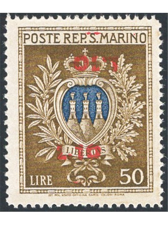 San Marino 1946 Stemma 50 £ oliva e oltremare con doppia soprast. di cui capovolta “£ 10” n° 297b Cert. Apicella Cat. € 900 (**)