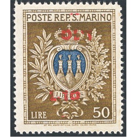 San Marino 1946 Stemma 50 £ oliva e oltremare con doppia soprast. di cui capovolta “£ 10” n° 297b Cert. Apicella Cat. € 900 (**)