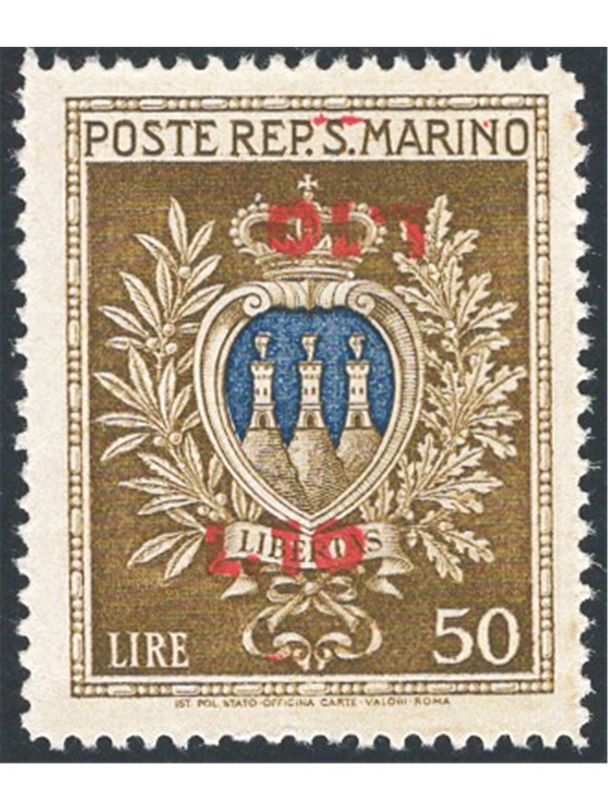 San Marino 1946 Stemma 50 £ oliva e oltremare con doppia soprast. di cui capovolta “£ 10” n° 297b Cert. Apicella Cat. € 900 (**)