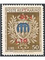 San Marino 1946 Stemma 50 £ oliva e oltremare con doppia soprast. di cui capovolta “£ 10” n° 297b Cert. Apicella Cat. € 900 (**)