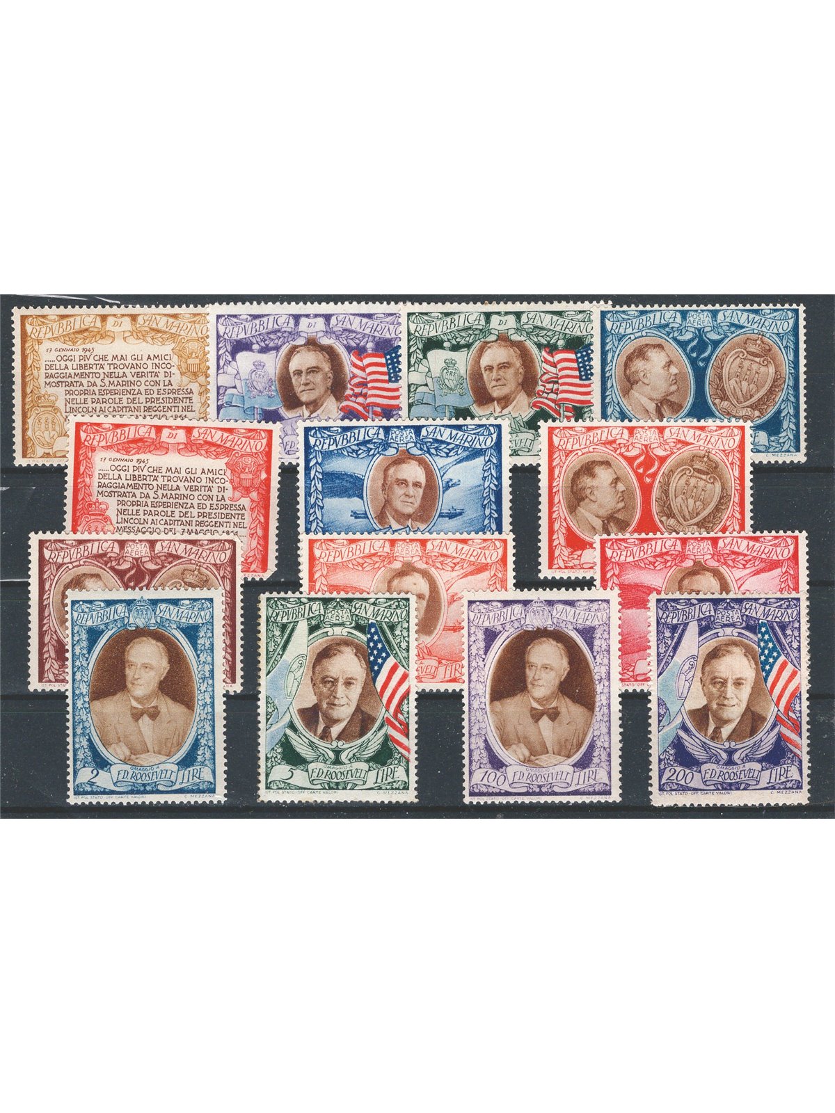 San Marino 1947 Presidente Roosevelt serie n° 301/6 + P.A. 61/68 Cat. € 65 (**)