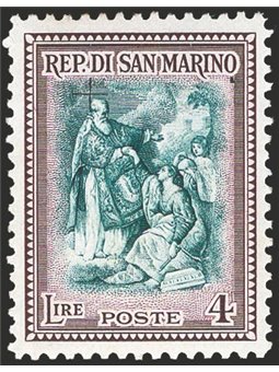 San Marino 1947 Beneficenza 1 £ + 4 £ con soprast. incompleta cifra 1 totalmente mancante n° 328h Cert. CiBaFil Cat. € 300 (**)