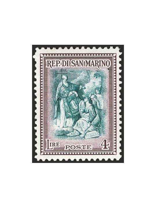 San Marino 1947 Beneficenza 1 £ + 4 £ con soprast. incompleta cifra 1 totalmente mancante n° 328h Cert. CiBaFil Cat. € 300 (**)