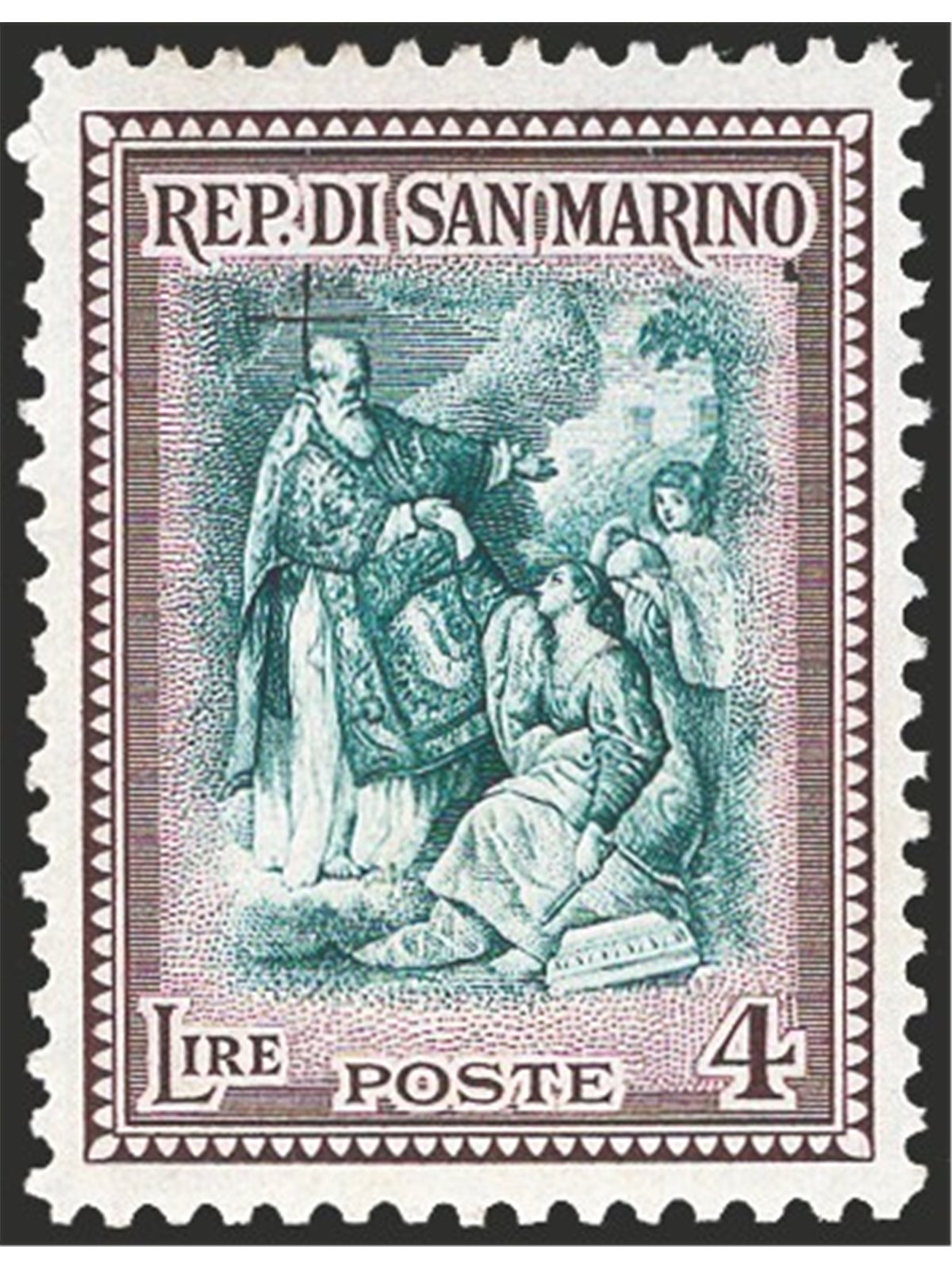 San Marino 1947 Charity 1 £ + 4 £ with incomplete overprint the number 1 completely missing no. 328h Cert. CiBaFil Cat. € 300 (*