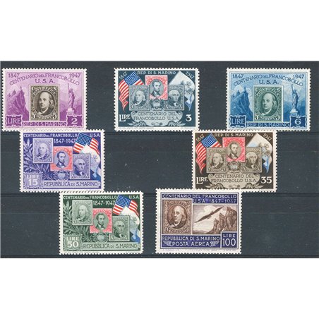 San Marino 1947 100° Anniv. del Francobollo U.S.A. serie n° 330/35 + P.A. 75 Cat. € 35 (**)