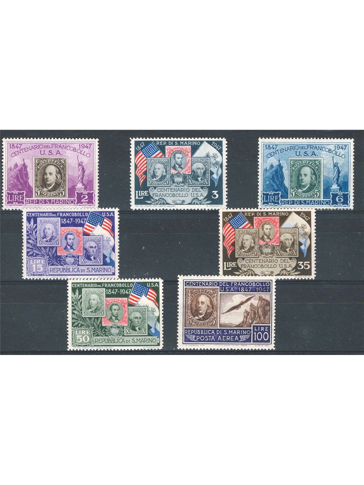 San Marino 1947 100th Anniversary of the US Postage Stamp series no. 330/35 + P.A. 75 Cat. € 35 (**)