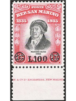 San Marino 1948 Delfico 15 c. carmine and black with overprint “100 £” and friezes No. 341 Bolaffi Certified Cat. € 140 (**)