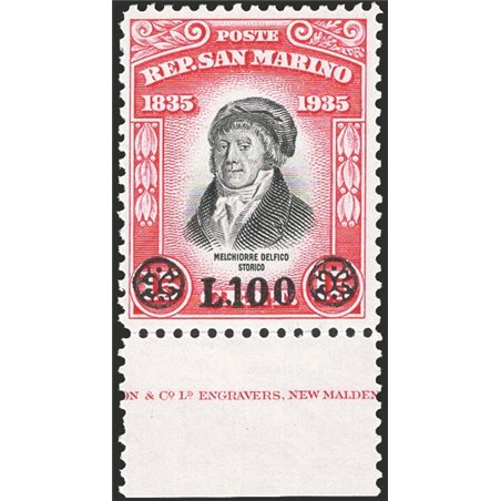San Marino 1948 Delfico 15 c. carmine and black with overprint “100 £” and friezes No. 341 Bolaffi Certified Cat. € 140 (**)