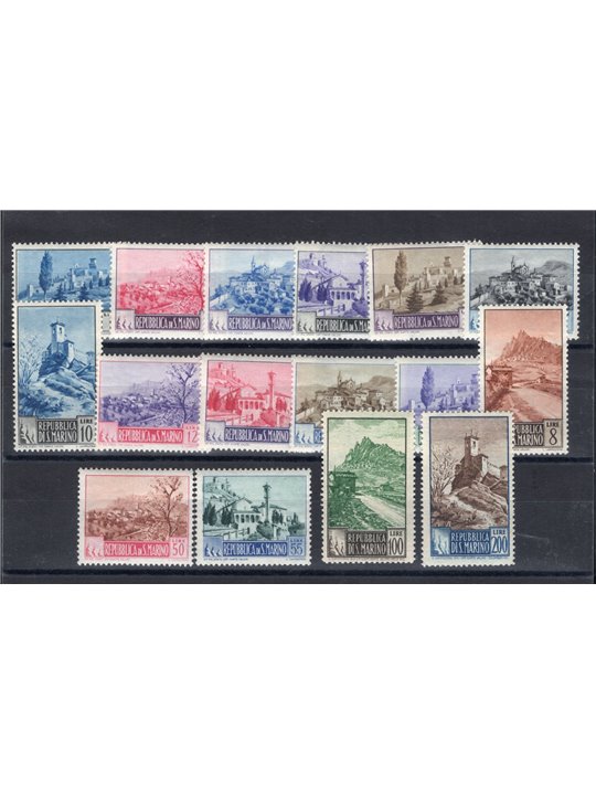 San Marino 1949/50 Paesaggi serie n° 342/55 Cert. CiBaFil Cat. € 700 (**)