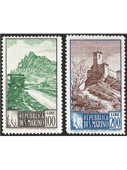 San Marino 1949 Paesaggi 100 £ grigio e verde e 200 £ azzurro e bruno dent. 14x13 n° 354I/355I Cert. CiBaFil Cat. € 525 (**)