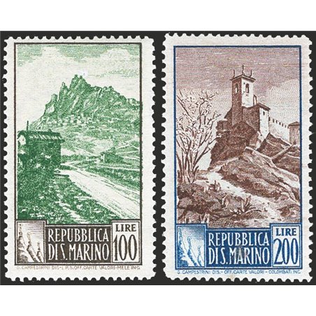 San Marino 1949 Landscapes 100 £ grey and green and 200 £ light blue and brown perforated 14x13 no. 354I/355I CiBaFil certified 