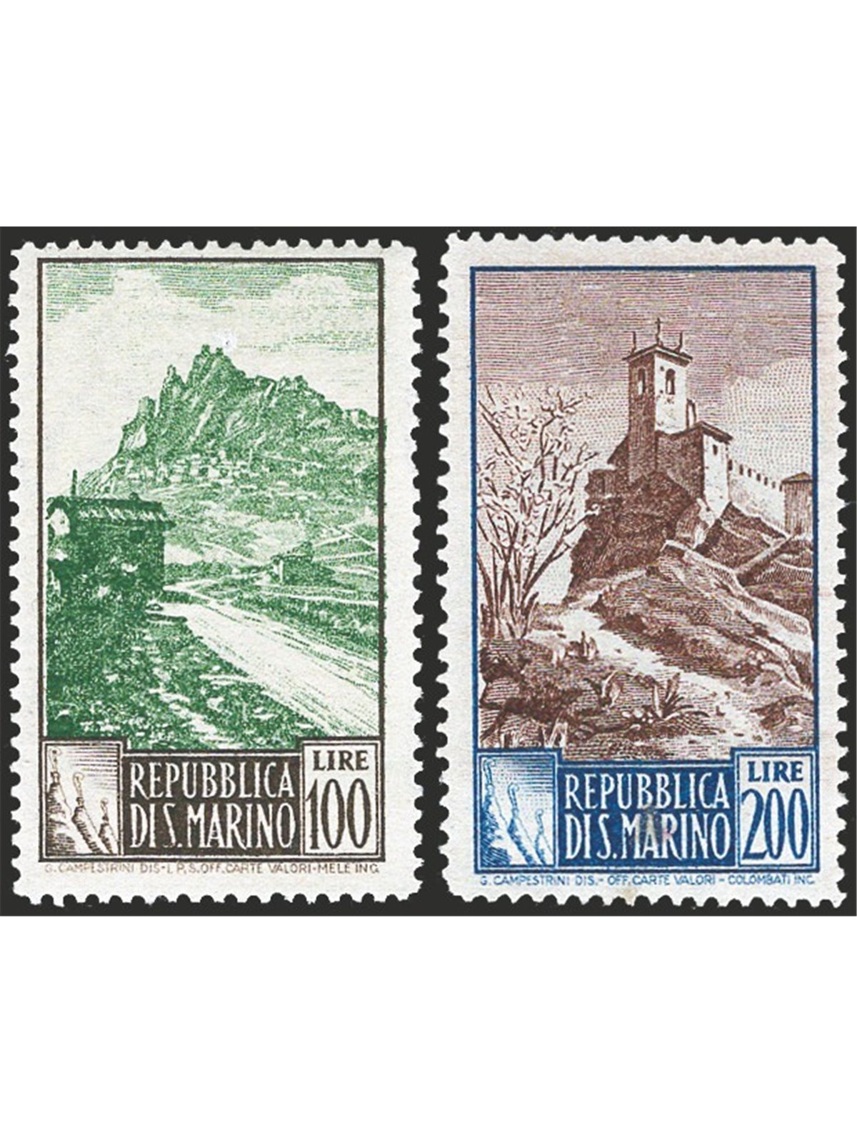 San Marino 1949 Landscapes 100 £ grey and green and 200 £ light blue and brown perforated 14x13 no. 354I/355I CiBaFil certified 