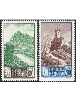 San Marino 1949 Landscapes 100 £ grey and green and 200 £ light blue and brown perforated 14x13 no. 354I/355I CiBaFil certified 