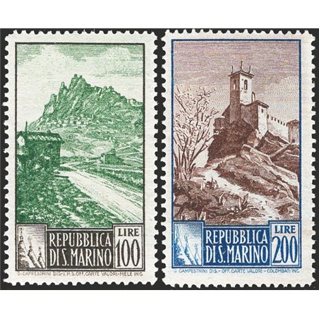San Marino 1949 Paesaggi 100 £ grigio e verde e 200 £ azzurro e bruno dent. 14x13 n° 354I/355I Cert. CiBaFil Cat. € 262 (*)