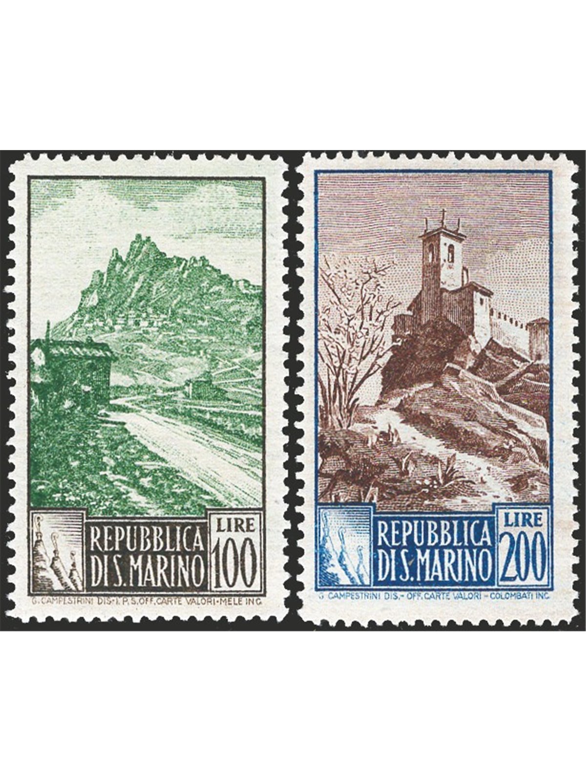 San Marino 1949 Landscapes 100 £ grey and green and 200 £ light blue and brown perforated 14x13 no. 354I/355I CiBaFil certified 