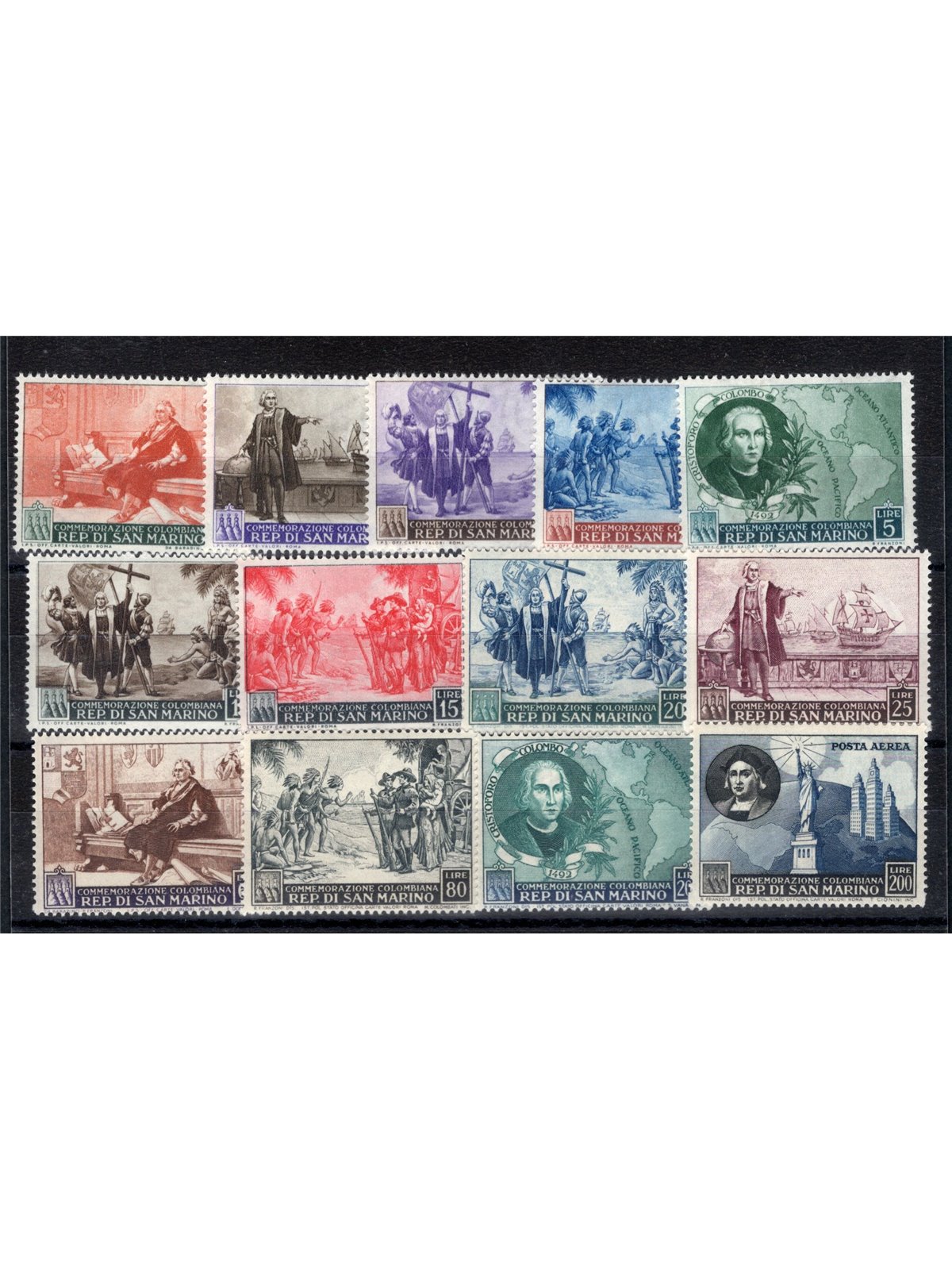 San Marino 1952 Colombo serie n° 372/83 + P.A. 101 Cert. Biondi Cat. € 300 (**)