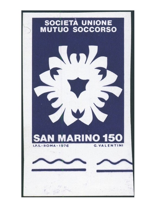 San Marino 1976 Mutuo Soccorso 150 £ non dent. e con la sola stampa del violetto CEI n° 984b Cert. Biondi Cat. € 1.500 (**)