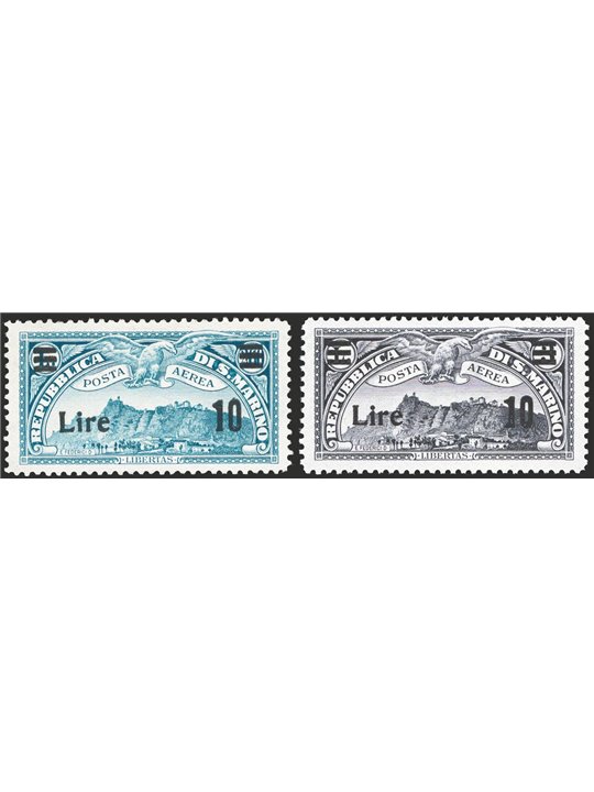 San Marino 1942 P.A. Vedute 2,60 £ azzurro e verde + 3 £ grigio nero con soprast. “Lire 10” e sbarretta serie n° 19/20. Firm. Ch