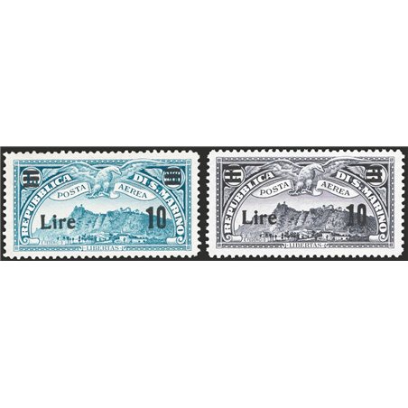 San Marino 1942 P.A. Scenes 2.60 £ light blue and green + 3 £ grey-black with overprint “10 Lire” and bar series no. 19/20. Sign