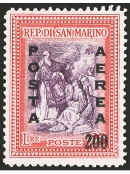 San Marino 1948 P.A. Alberoniana 25 £ carminio e violetto con soprast. "Posta Aerea 200" n° 76 Cat. € 70 (**)