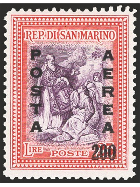 San Marino 1948 P.A. Alberoniana 25 £ carmine and violet with overprint “Posta Aerea 200” no. 76 Cat. €70 (** )