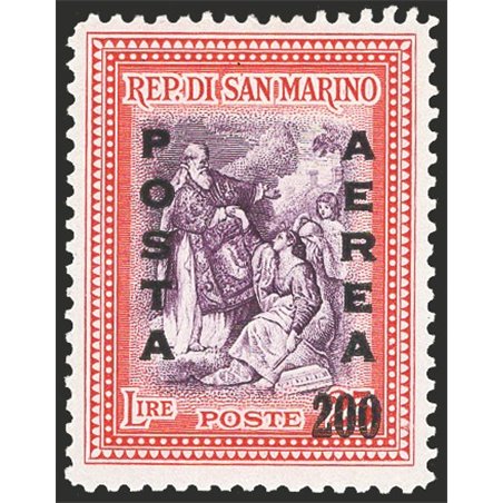 San Marino 1948 P.A. Alberoniana 25 £ carmine and violet with overprint “Posta Aerea 200” no. 76 Cat. €70 (** )