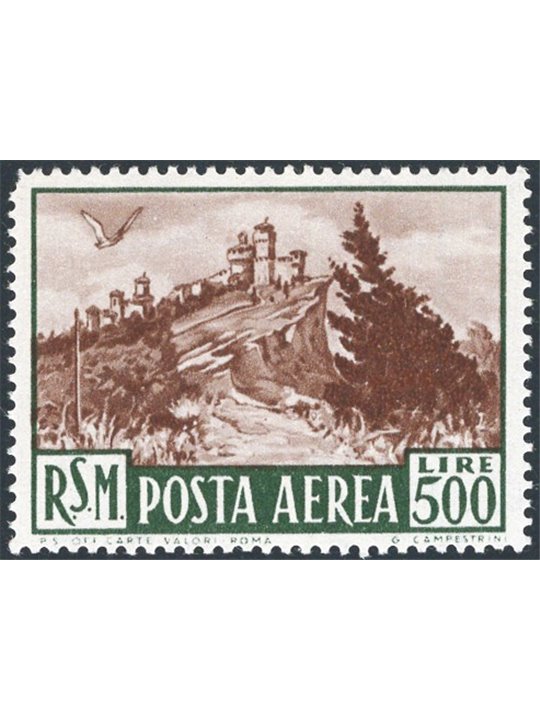 San Marino 1951 P.A. Vedute 500 £ verde e bruno n° 97 Cert. CiBaFil Cert. Bolaffi (storico) Cat. € 300 (**) 