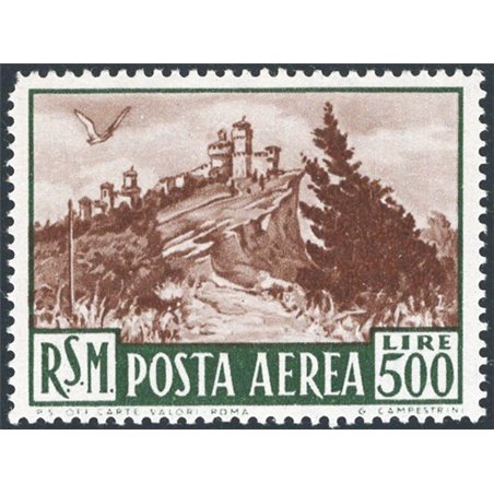 San Marino 1951 P.A. Vedute 500 £ verde e bruno n° 97 Cert. CiBaFil Cert. Bolaffi (storico) Cat. € 300 (**) 