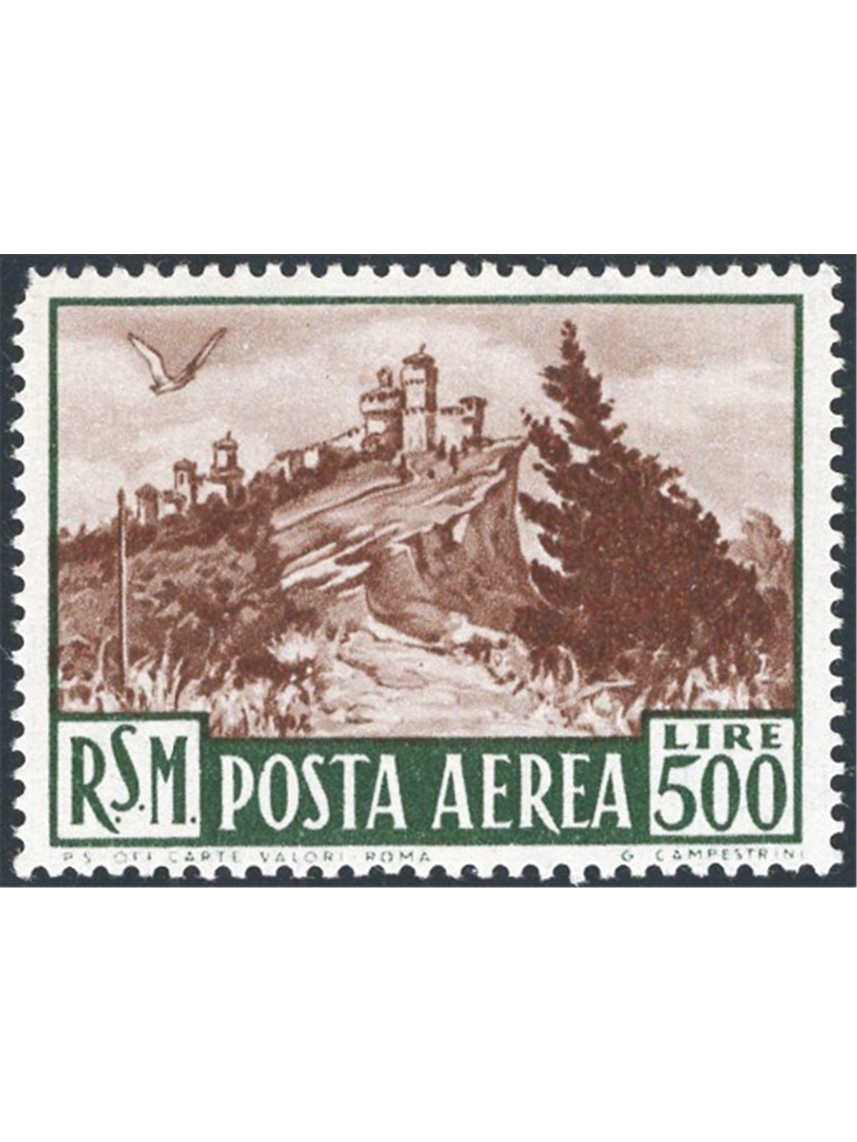 San Marino 1951 A.P. Views 500 £ green and brown no. 97 CiBaFil Cert. Bolaffi (historical) Cert. Cat. €300 (**)