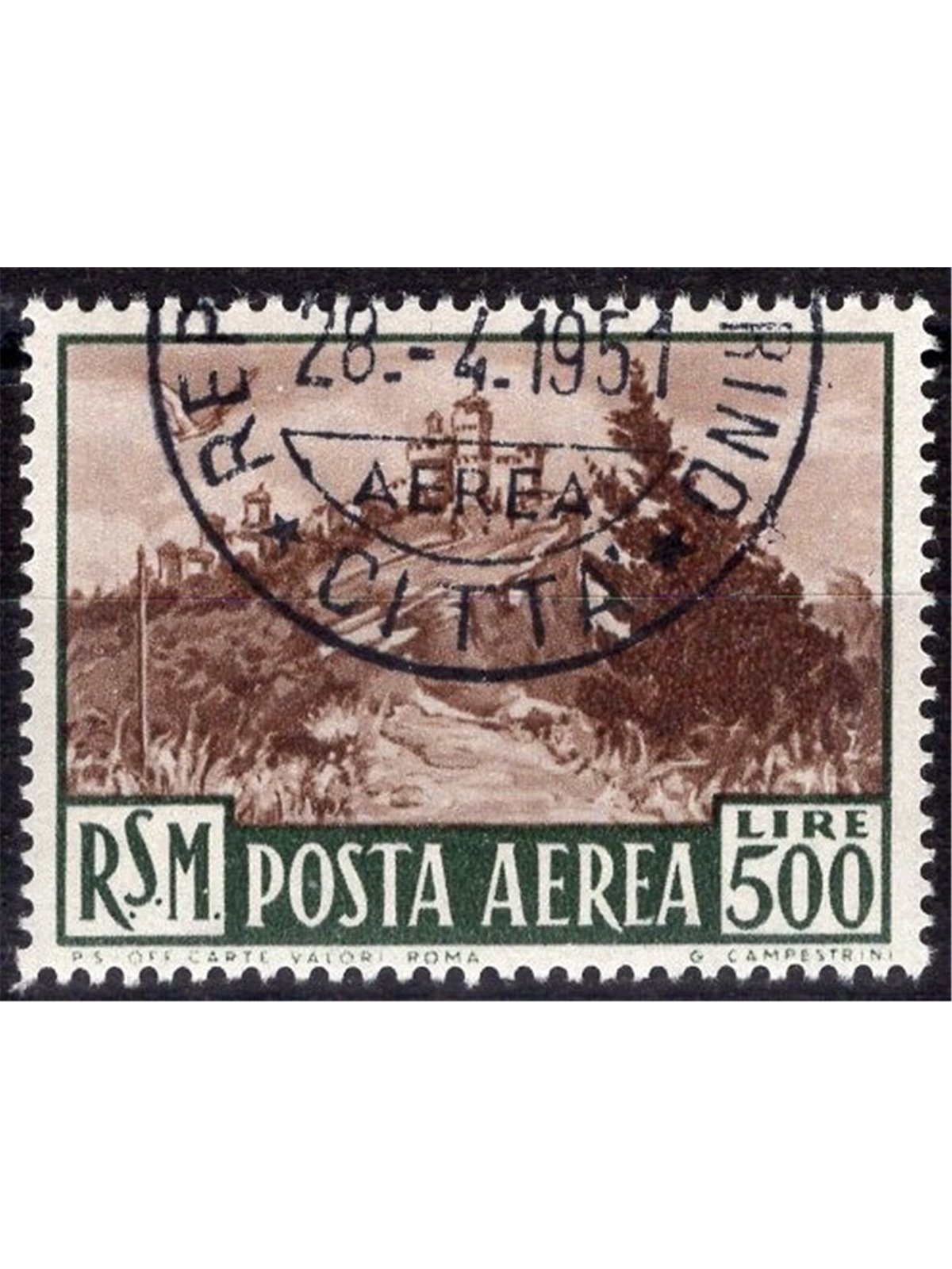 San Marino 1951 P.A. Veduta 500 £ n° 97 Cert. Biondi Cat. € 150 (U)