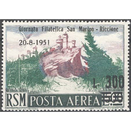 San Marino 1951 P.A. Scenery 300 £ on 500 green and lilac-brown with overprint “ San Marino Philatelic Day Riccione 20/8/1951 £3