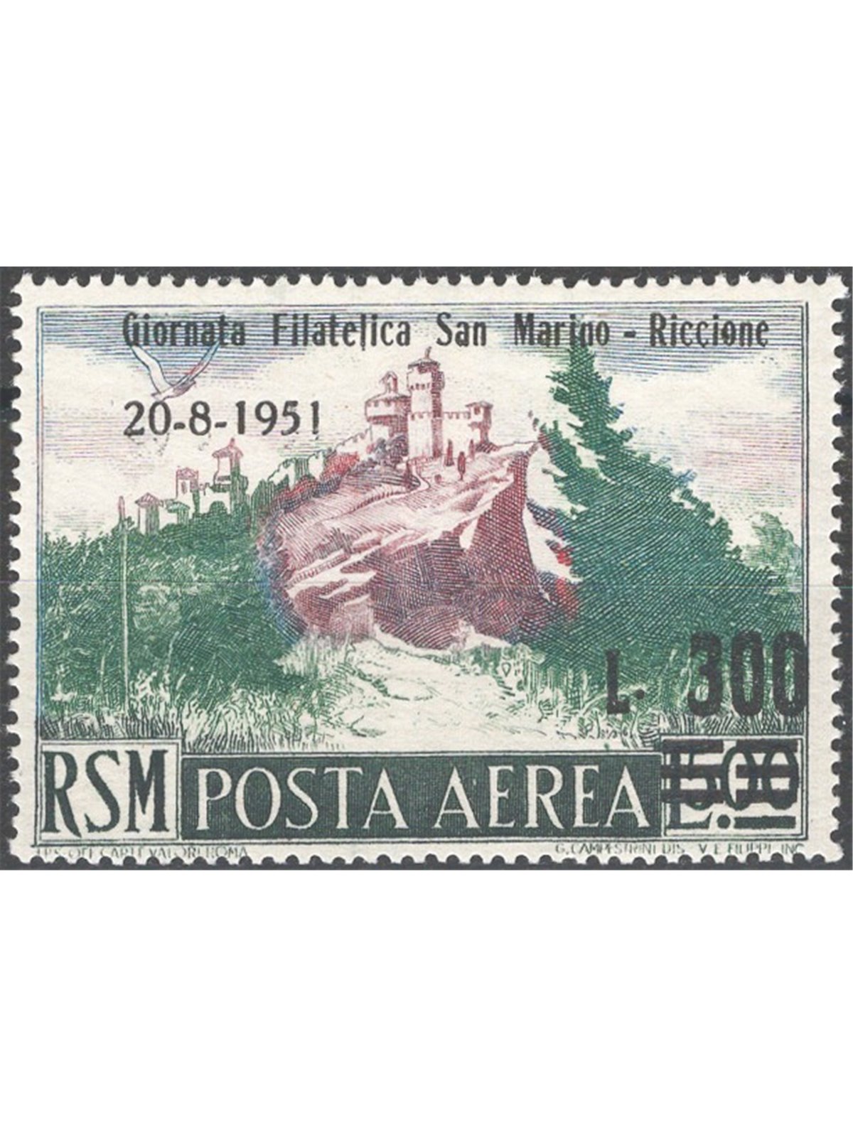 San Marino 1951 P.A. Scenery 300 £ on 500 green and lilac-brown with overprint “ San Marino Philatelic Day Riccione 20/8/1951 £3