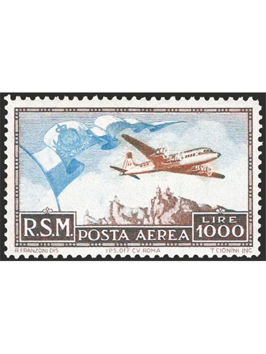 San Marino 1951 P.A. Flag 1,000 £ No. 99 CiBaFil Cert. Sv.Ol Cert. Cat. €850 (**)