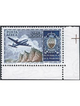 San Marino 1954 P.A. Veduta e stemma 1000 £ azzurro e oliva n° 112. Firm. Chia Cat. € 175 (**) 