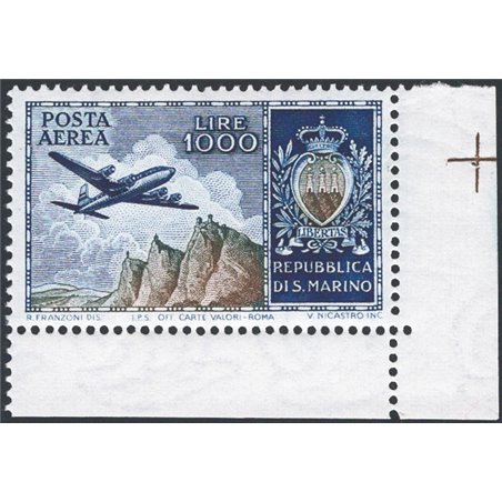 San Marino 1954 P.A. View and coat of arms 1,000 £ light blue and olive No. 112. Signed by Chia Cat. €175 (**)