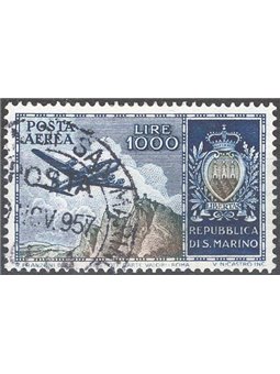San Marino 1954 P.A. Veduta e stemma 1.000 £ azzurro e oliva n° 112 Cat. € 125 (U)
