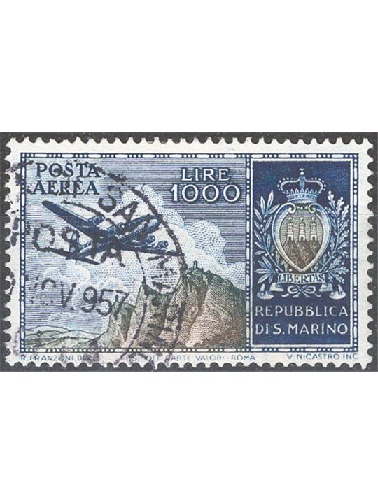 San Marino 1954 P.A. Veduta e stemma 1.000 £ azzurro e oliva n° 112 Cat. € 125 (U)