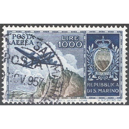 San Marino 1954 P.A. Veduta e stemma 1.000 £ azzurro e oliva n° 112 Cat. € 125 (U)
