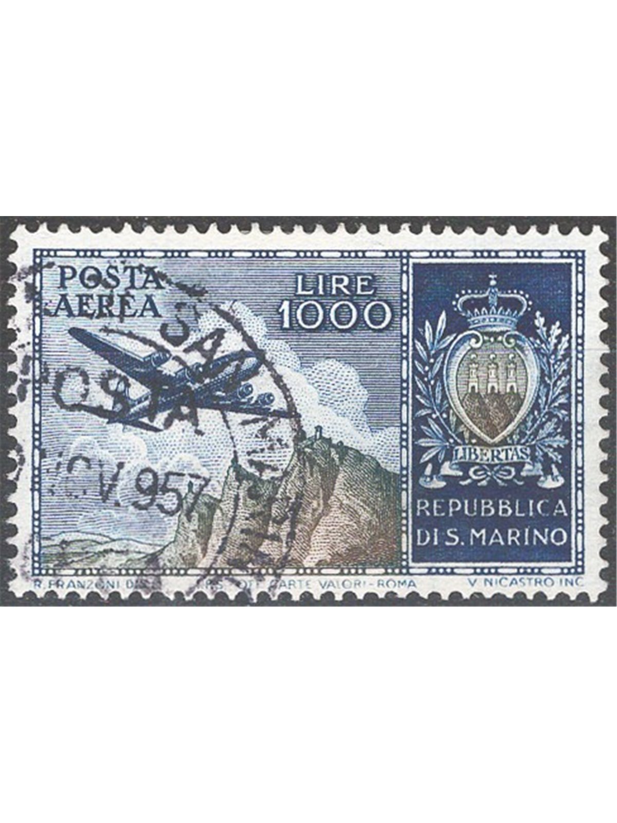 San Marino 1954 P.A. View and coat of arms 1,000 £ light blue and olive no. 112 Cat. €125 (U)