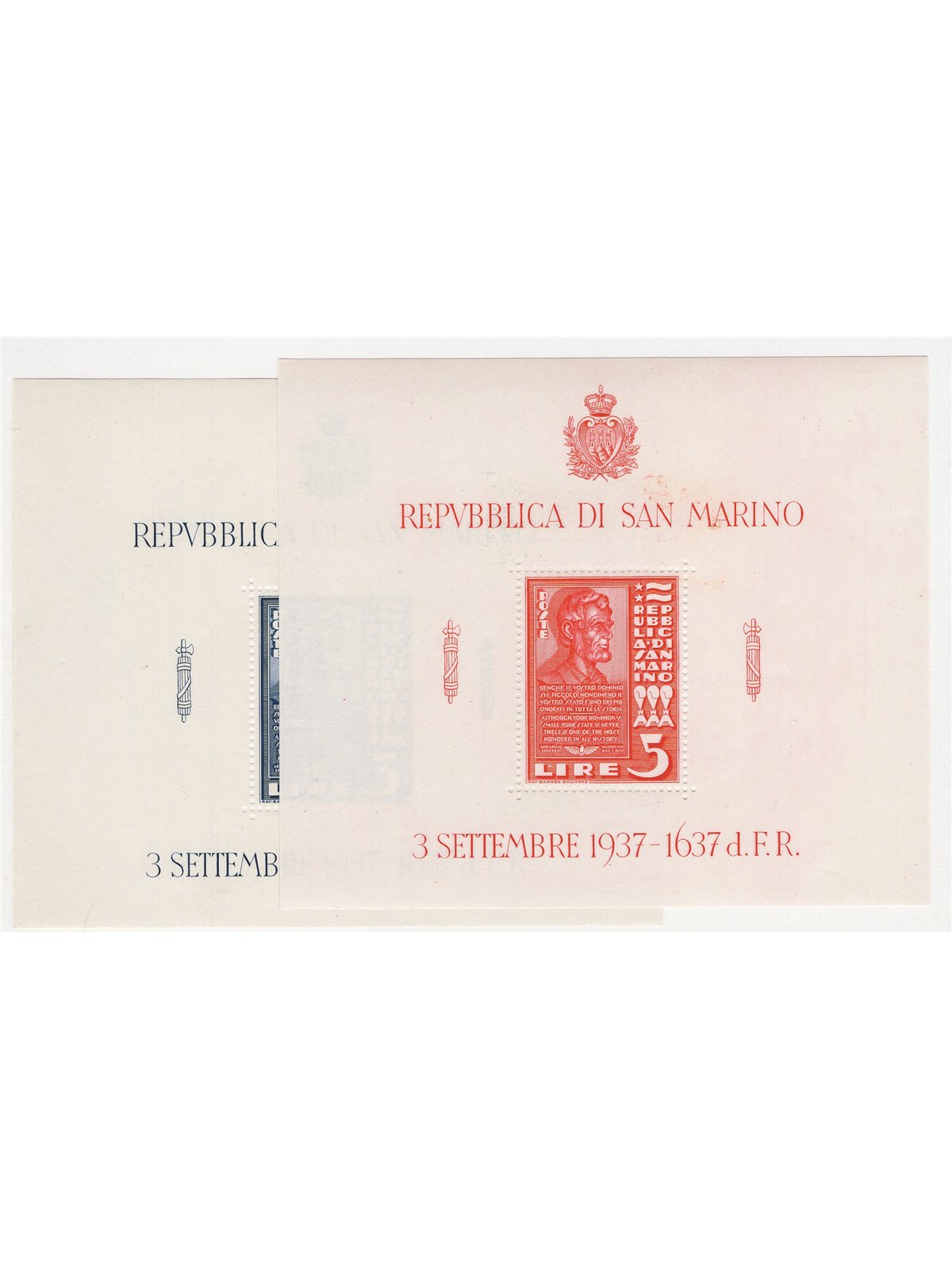 San Marino 1938 BF Lincoln in mini-sheets series no. 2/3 Cat. €45 (** )