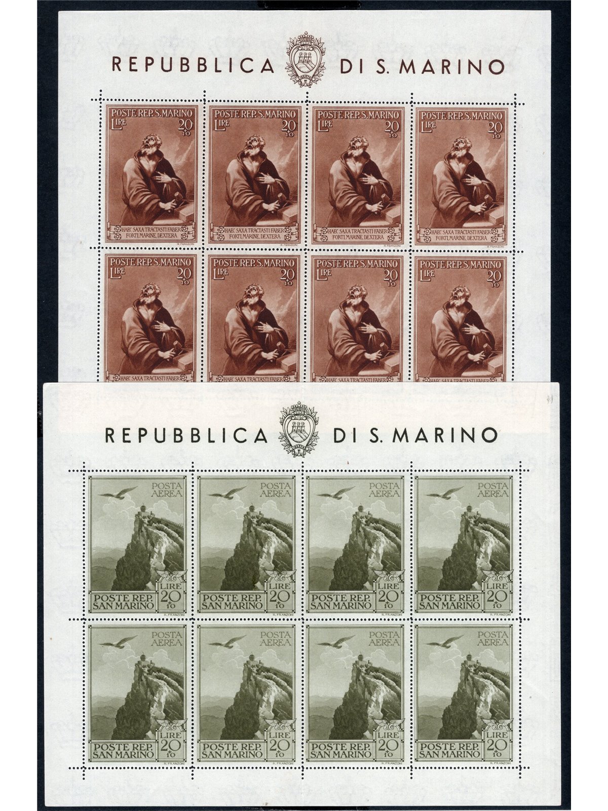 San Marino 1944 BF Social Housing with vertical fold across the general perforation series nos. 4/5 Cat. 800 (**)