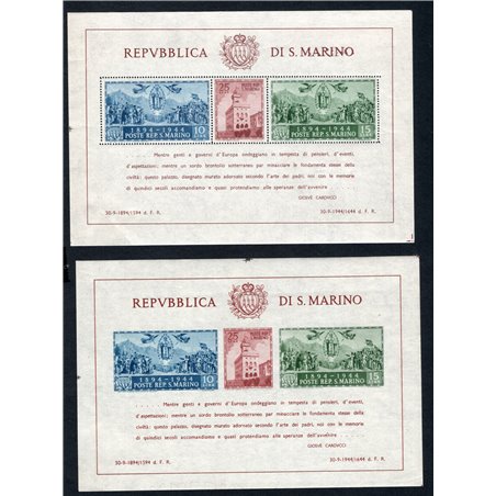 San Marino 1945 BF Carducci: the two sheets and unperforated sheets series nos. 6/7 Cat. €325 (**)