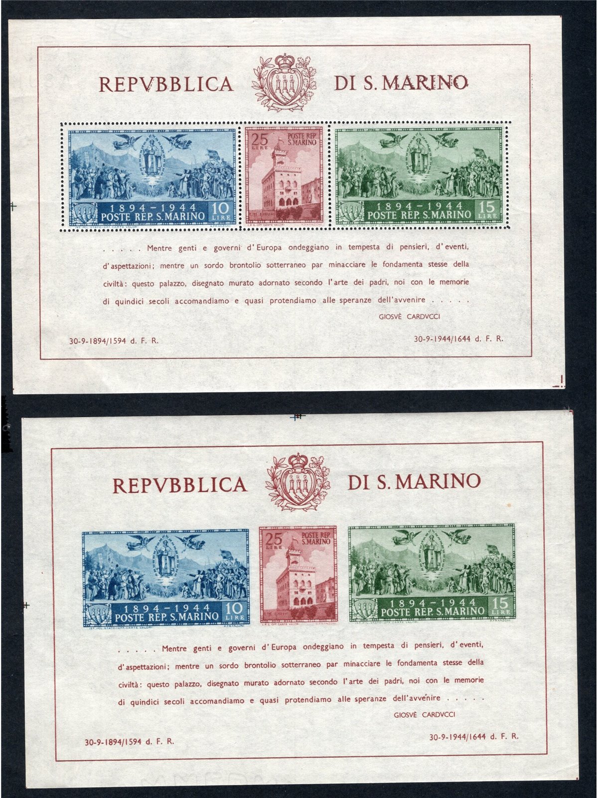 San Marino 1945 BF Carducci i due foglietti dent. e non dent. serie n° 6/7 Cat. € 325 (**)