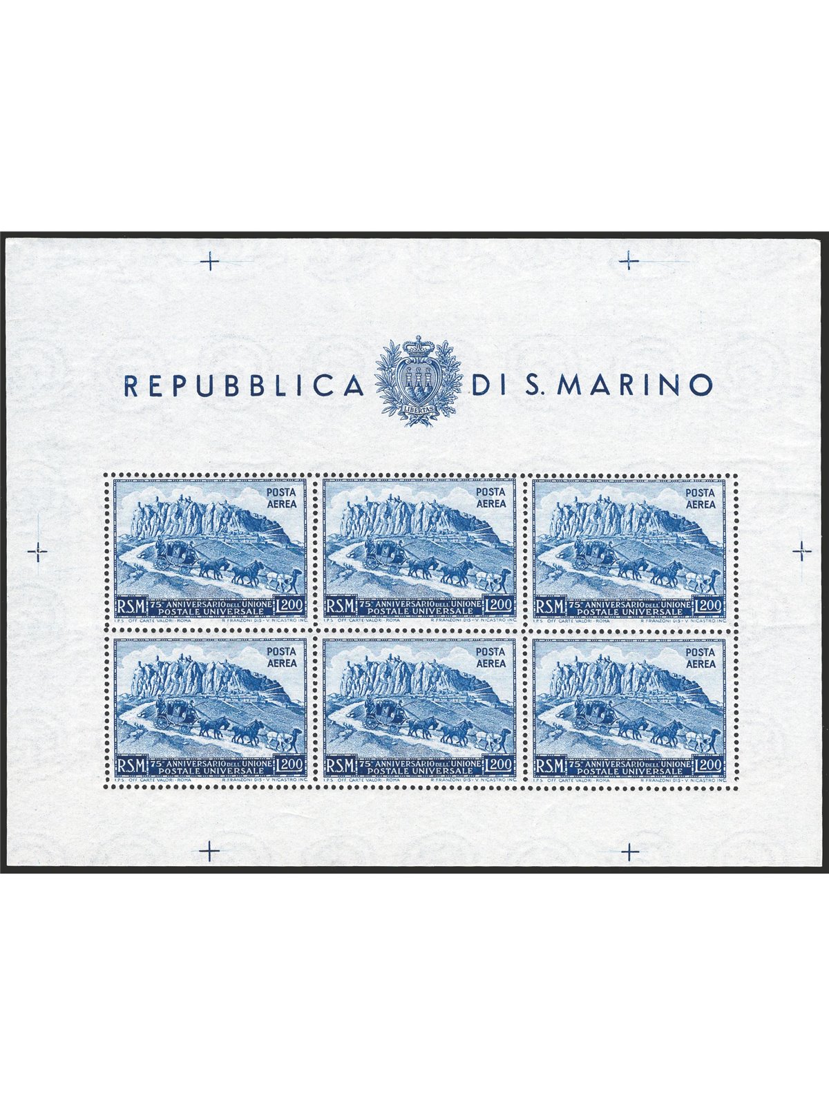 San Marino 1951 BF U.P.U. 200 £ azzurro dent. n° 9 Cat. € 75 (**)
