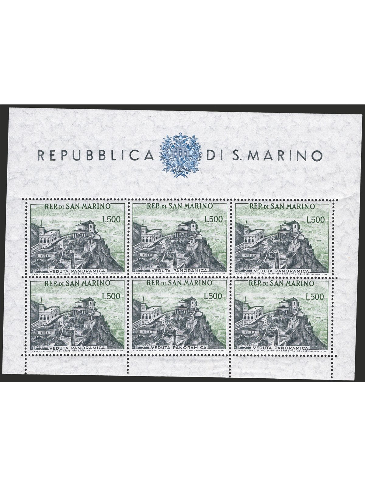 San Marino 1958 BF Panorama 500 £ n° 18 Cert. Biondi Cat. € 1.375 (**)