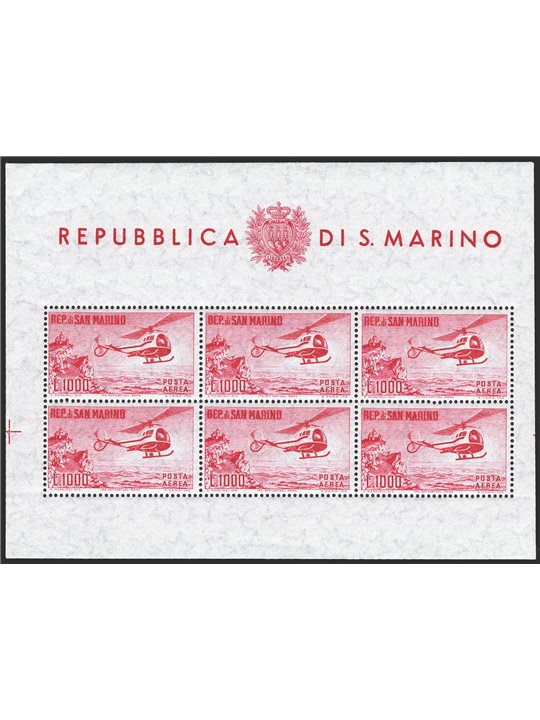 San Marino 1961 BF Elicottero 1.000 £ carminio n° 22 Cat. € 462 (**)
