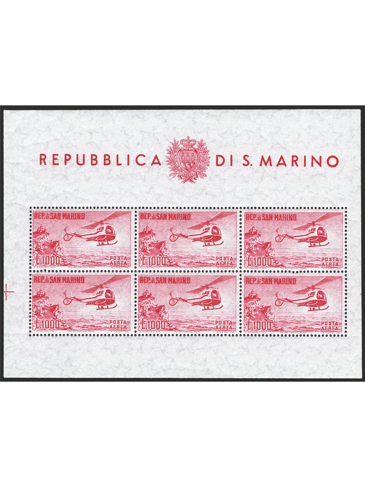 San Marino 1961 BF Elicottero 1.000 £ carminio n° 22 Cat. € 462 (**)