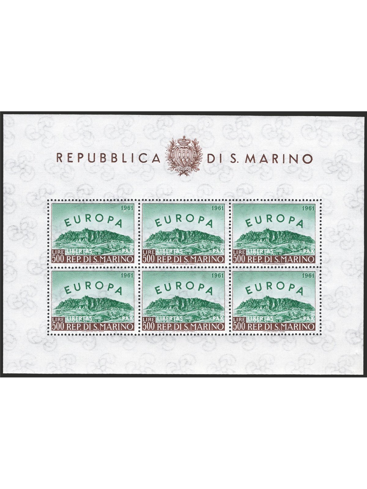 San Marino 1961 BF Europa 500 £ bruno e verde n° 23 Cert. Biondi Cat. € 280 (**)